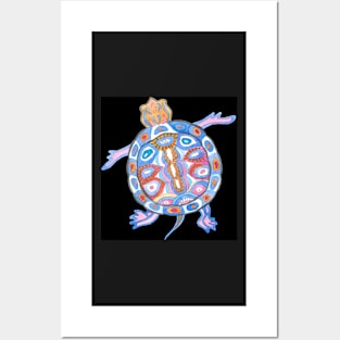 Sea Turtle - Folk Blue & Black Palette Posters and Art